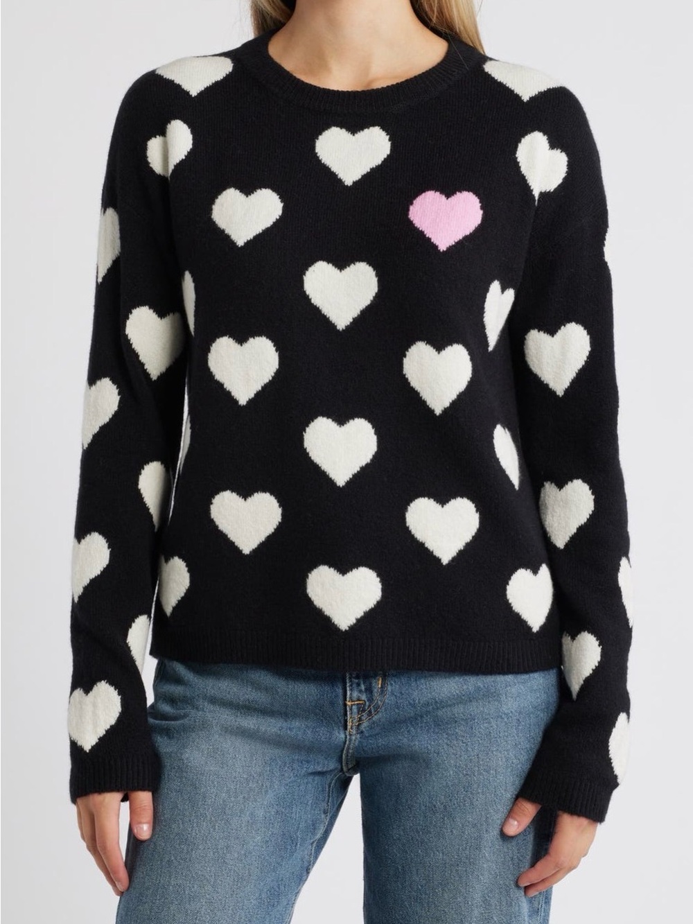 Caslon Soft Crewneck Sweater with White Hearts and Pink Accent.  Size XXL.